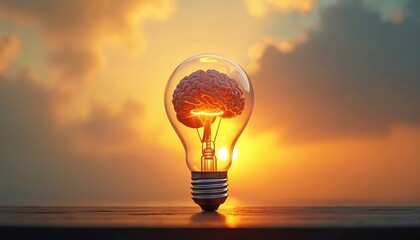 Glowing light bulb with brain inside innovation, ideas generation. Idea light bulb shines, powered by electricity, creativity. Concept of inspiration, technology. Electric power for new brilliant