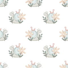 Seamless pattern with cartoon snails. Illustrations for kids. hand drawing,flat style. Baby design for fabric,print,textile,wrapper