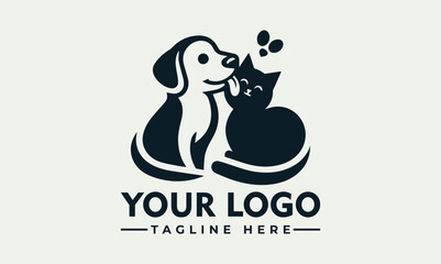 Obraz premium A stylized logo depicting a dog and cat interacting playfully with a butterfly.