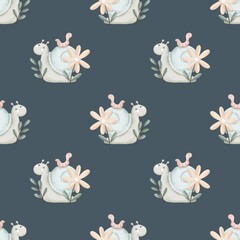 Seamless pattern with cartoon snails. Illustrations for kids. hand drawing,flat style. Baby design for fabric,print,textile,wrapper