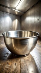 Worn Steel Mixing Bowl with Subtle Scratches on a Wooden Surface in a Simple Interior