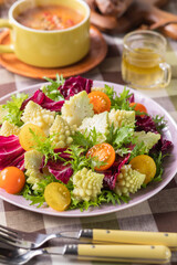  【ロマネスコとミニトマトのサラダ 】ロマネスコ・ミニトマト・山葵菜・トレビス。オリーブオイルと白ワインビネガーを合わせたドレッシングで楽しむカラフルなサラダ。