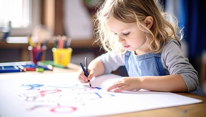 Young Girl Finger Painting Letters On Large Paper with Various Colors in Bright Indoor Lighting