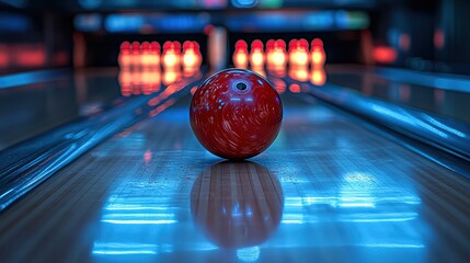 Red bowling ball centered on a bowling lane