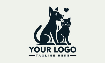 A logo design featuring a dog and cat in a loving, affectionate pose.