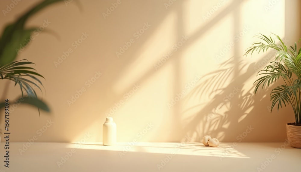 Poster minimalistic beige backdrop with soft window shadow. subtle aesthetic for product presentation, show