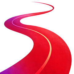 A wavy, winding road in vibrant red and purple colors, leading forward, concept of journey and progress, on transparent background.