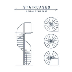 Spiral staircase. Front and top view for architectural blueprints, drawings. Sketch of outlined round stairs with handrails. Vector illustration isolated on a white background in flat style.