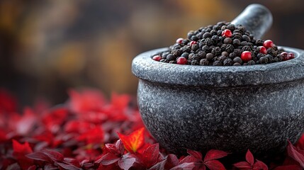 Dark peppercorns in a stone mortar on a bed of crimson leaves
