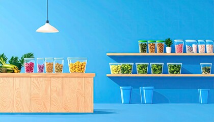 Zero Waste Grocery Display With Variety Of Food In Transparent Reusable Containers On Wooden Shelves And Counter Against Blue Wall
