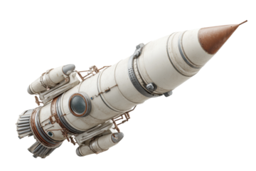 PNG Vintage space rocket with rusted finish and auxiliary thrusters on white background