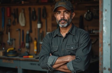 Obraz premium Hispanic man in garage workshop portrait. Skilled adult with grey beard looking at camera with arms crossed. Home improvement, DIY, repair, construction concept. Tools on wall background.