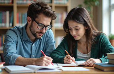 Two college students study together in library. Young man and woman read books, write notes. Friends preparing for exam. Education concept. Teamwork, collaboration. Bookshelves background.