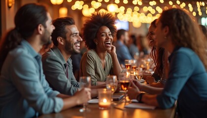 Diverse group people enjoy social event. Friends smiling, chatting, drinking wine, laughing, casual wear. Multicultural gathering, friendly atmosphere in bar, cafe. Concept of community, celebration,