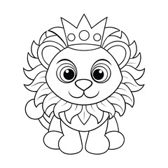 A lion cub wearing a small crown for kids coloring book vector illustration.