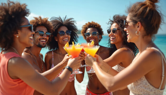 Multiracial friends enjoy beach party. People cheers cocktail glasses, celebrate vacation with drinks. Happy young adults at ocean shore, summer time with friends.