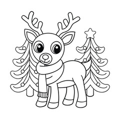 Fototapeta premium A reindeer with a scarf in a snowy forest for kids coloring book vector illustration.