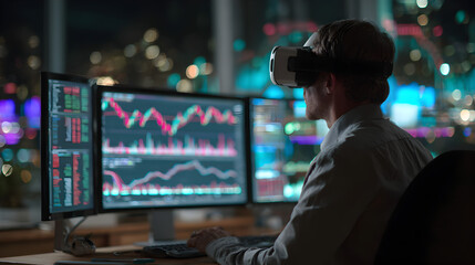 Man using vr headset while monitoring stock market charts on multiple computer screens at night time