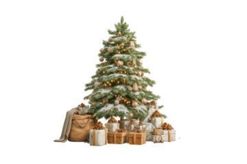 PNG Decorated christmas tree with gold and silver ornaments and gift boxes
