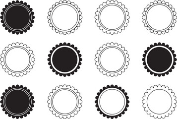 Twelve Scalloped Circular Frames: Black, White, Outline; Simple Design