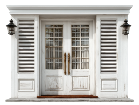 Elegant double door entrance residential area architecture daylight front view isolated on transparent background