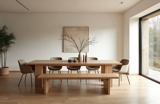 Minimalist Japandi-style dining room with oak wood table bench. Neutral tone wall art modern chairs. Abundant natural light from large window. Calm interior design. Comfortable place for family