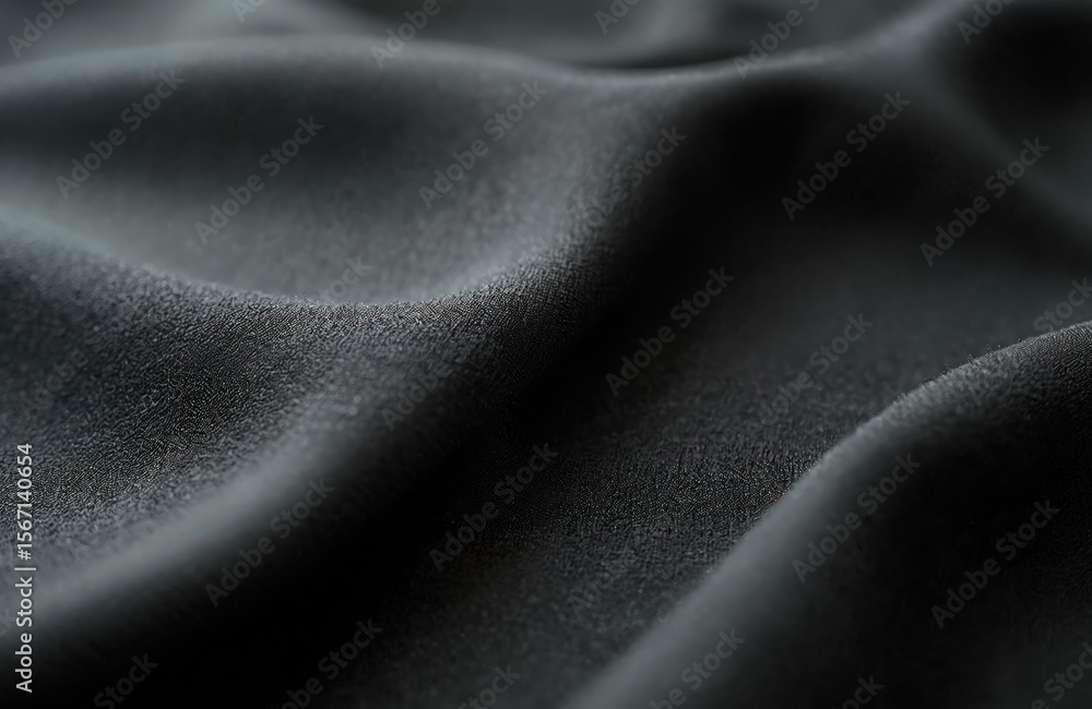 Poster macro photo shows dark fabric texture with smooth soft waves. dark grey material surface, drape with