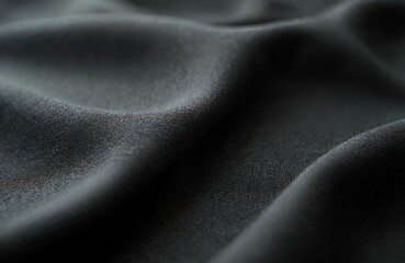 Fototapeta premium Macro photo shows dark fabric texture with smooth soft waves. Dark grey material surface, drape with detailed fiber structure. Black textile design with close-up. Ideal for fashion, sewing project