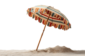PNG Vintage striped beach umbrella on sandy beach against black background