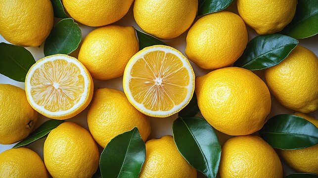 Fresh lemons and leaves, vibrant yellow citrus fruits