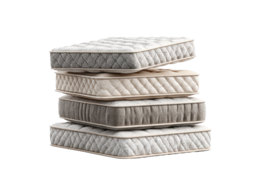 PNG Stack of four plush mattresses with textured fabric and quilted patterns