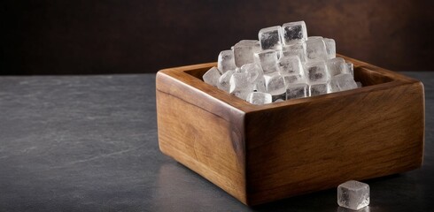 Fototapeta premium Wooden bowl filled with ice on a dark background
