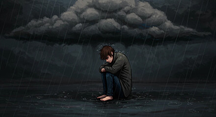 Illustration of Sad Person in the Rain with Melancholic Atmosphere