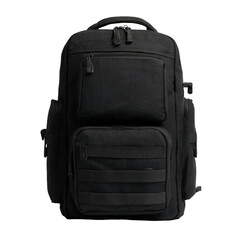 Isolated black tactical backpack with multiple pockets on a black background