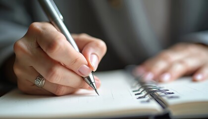 Close-up of female hand writing in a notebook. Pen on paper conveys focus and concentration during creative process. Idea, inspiration, motivation and planning. Work, study and education concepts.