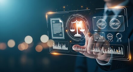 Corporate governance and compliance concept. Hand touches a justice scale icon on a digital interface with legal documents and "COMPLIANT" seals.
