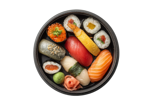 PNG Assorted sushi platter with nigiri and rolls on black background