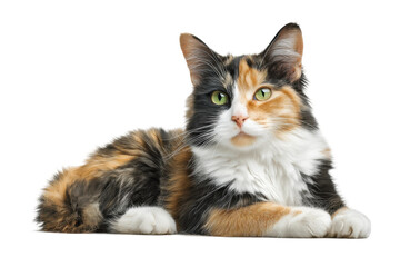 PNG Calico cat with green eyes lying down on isolated background