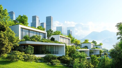 Modern architecture surrounded by green landscape and urban skyline