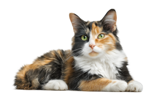 PNG Calico cat with green eyes lying down on isolated background