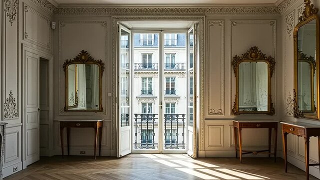 Elegant Parisian Room with Mirrors and Balcony View