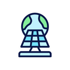 Icon Flat Outline globe and solar panel. Free energy, ecology, renewable, green energy and solar power plant concept. Colourful and Line color icon.