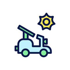 Icon Flat Outline electric motorbike powered by solar panel. Free energy, ecology, renewable, green energy and solar power plant concept. Colourful and Line color icon.