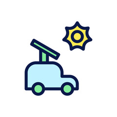 Icon Flat Outline electric car powered by solar panel. Free energy, ecology, renewable, green energy and solar power plant concept. Colourful and Line color icon.