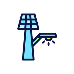 Icon Flat Outline street light powered by solar panel. Free energy, ecology, renewable, green energy and solar power plant concept. Colourful and Line color icon.