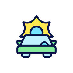 Icon Flat Outline electric car and sun energy. Free energy, ecology, renewable, green energy and solar power plant concept. Colourful and Line color icon.