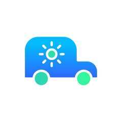 Icon Flat Gradient solar powered electric car with sun symbol. Free energy, ecology, renewable, green energy and solar power plant concept. Gradient blue and Flat icon.
