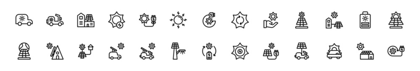 Icon set solar energy, energy powered by nature. Include electric vehicle, solar panel, solar generator, greenhouse and rechargeable device. Outline and Line icon set.