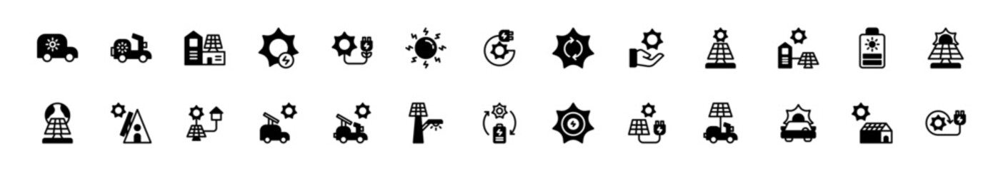 Icon set solar energy, energy powered by nature. Include electric vehicle, solar panel, solar generator, greenhouse and rechargeable device. Glyph and Black Semi Solid icon set.