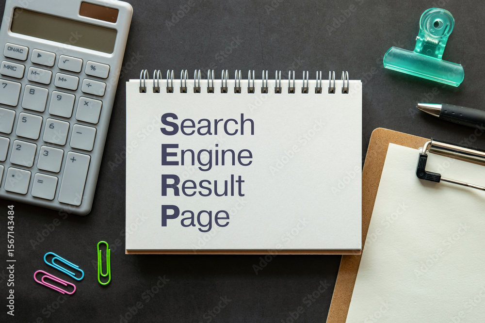 Poster there is notebook with the word search engine result page. it is as an eye-catching image.